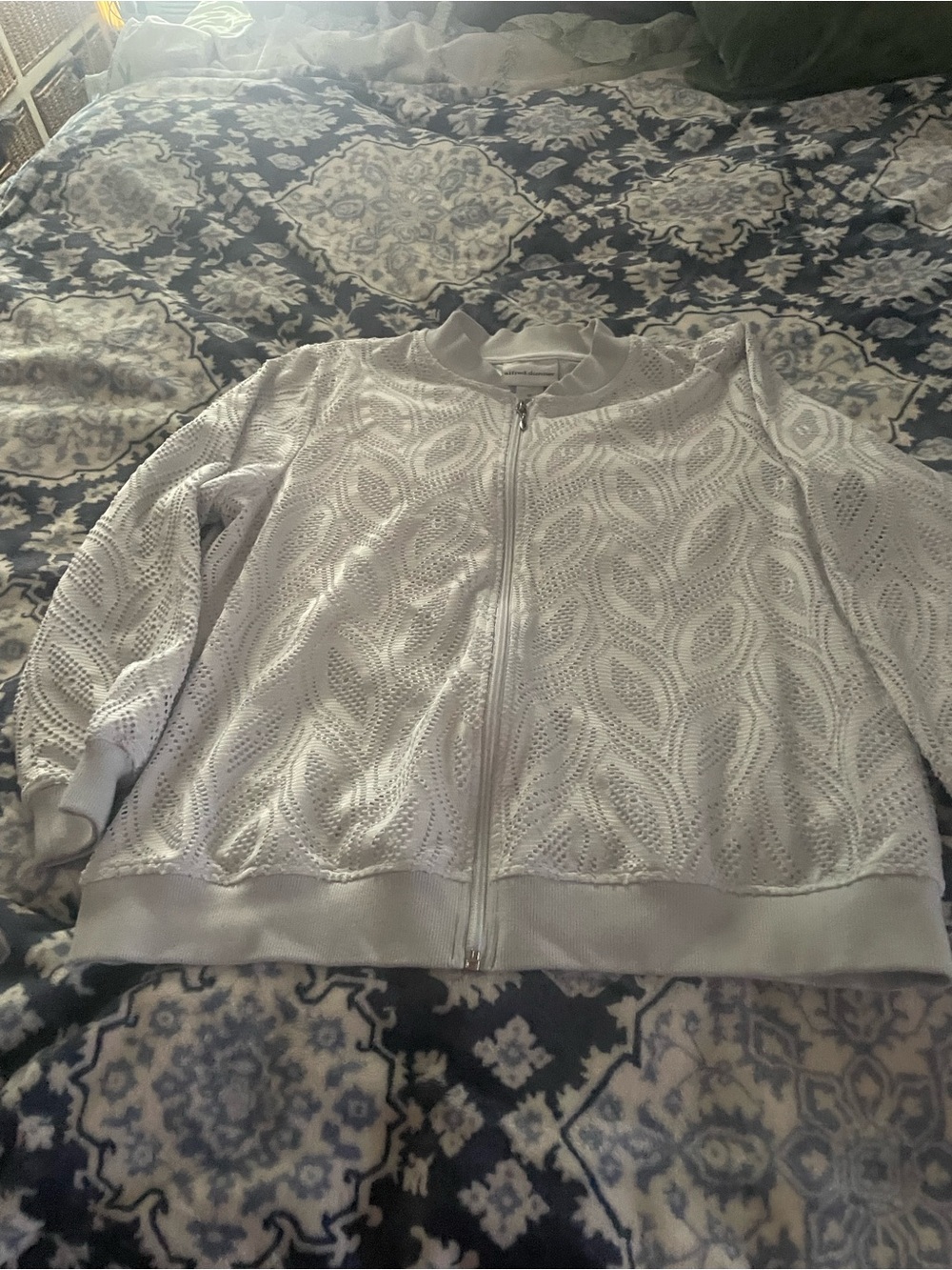 Alfred Dunner Light Gray Eyelet Zip-Front Bomber Jacket